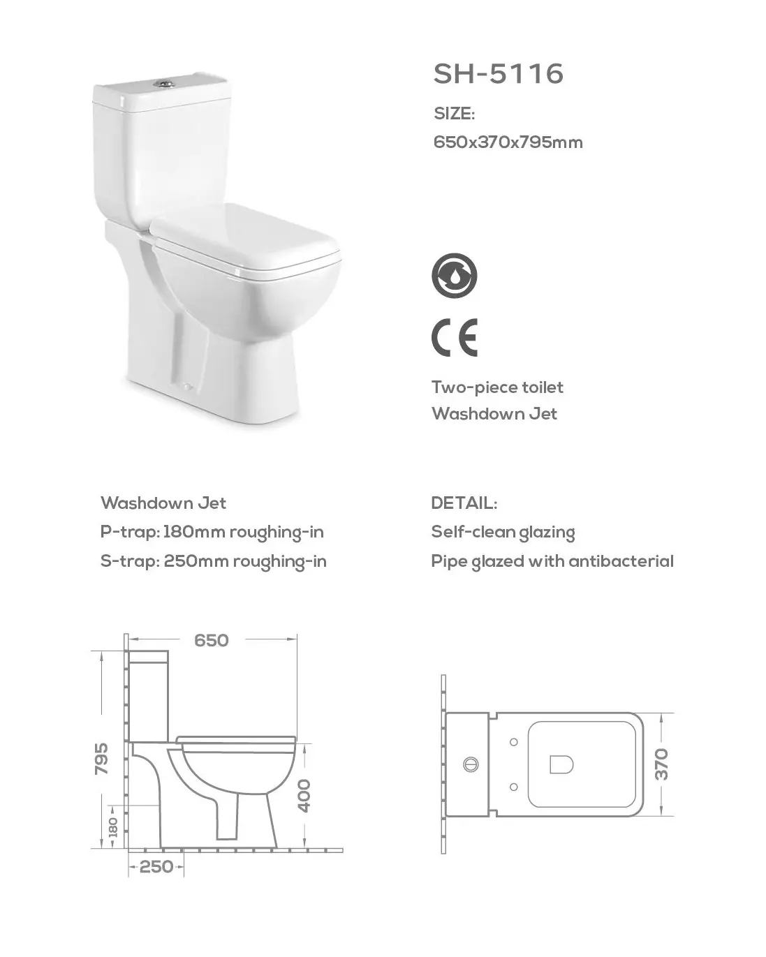 factory supply two-piece toilet dimension