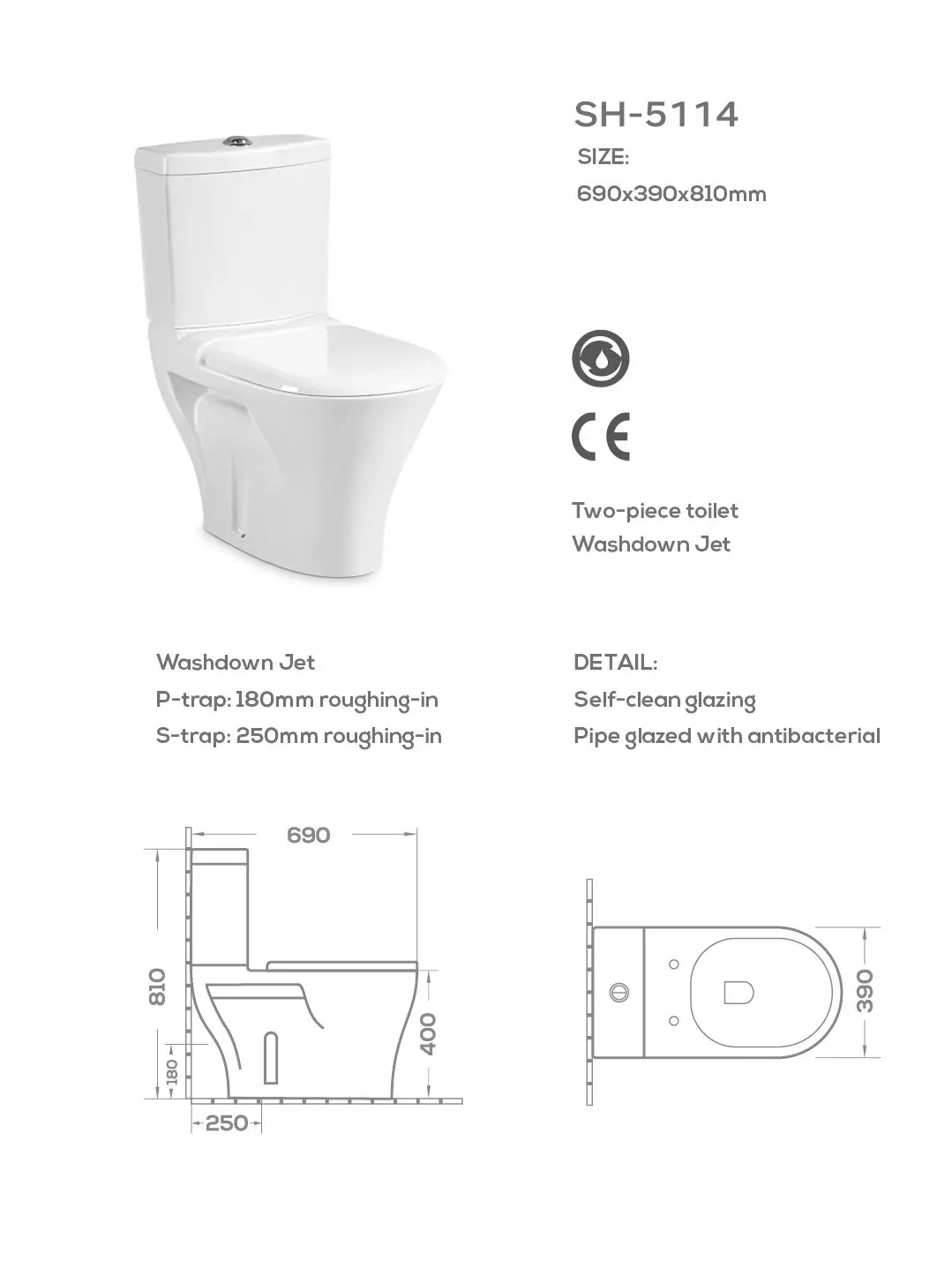 factory supply washdown two-piece toilet dimension