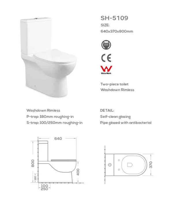 wholesale ce and watermark certified two-piece toilet dimension