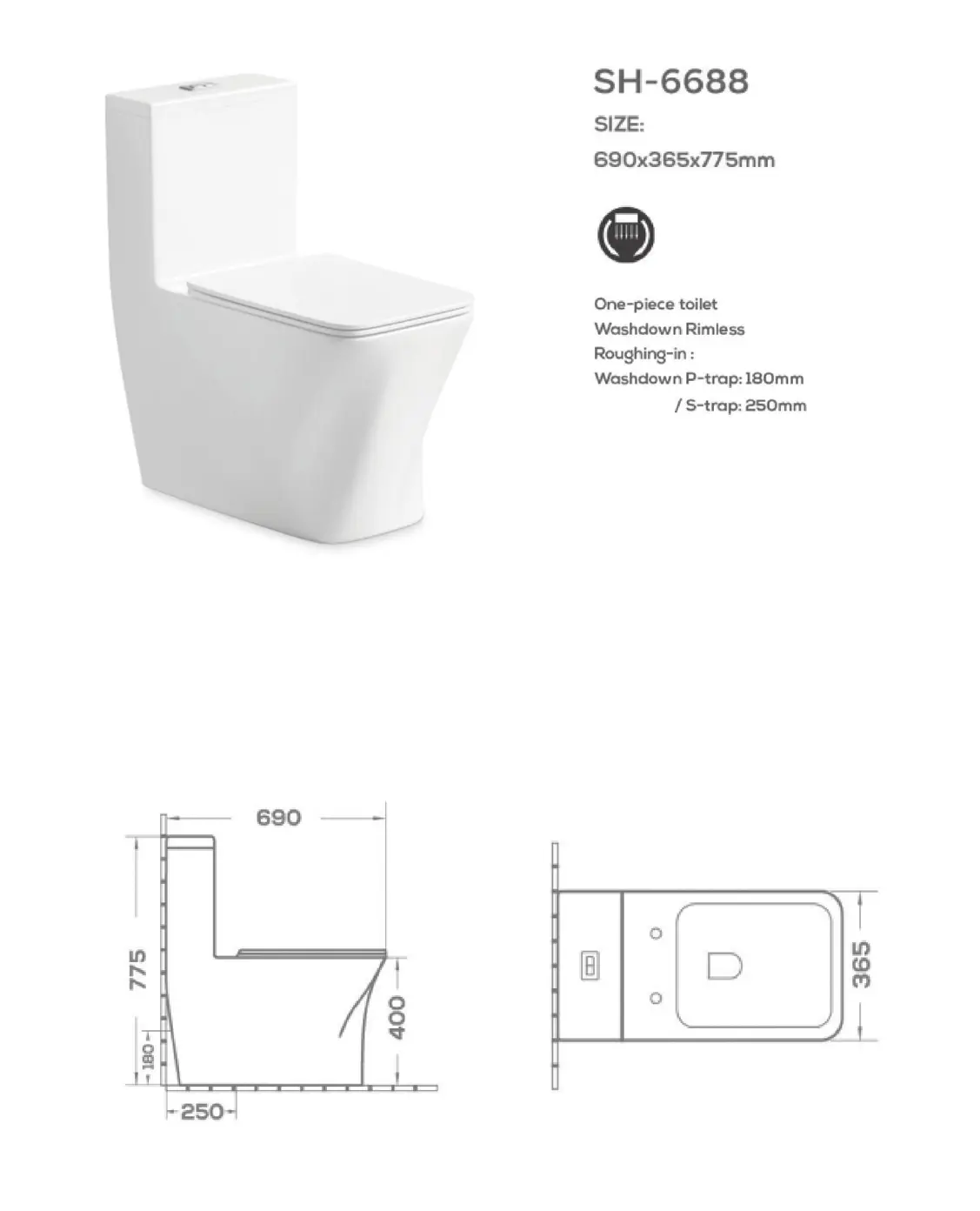 wholesale modern washdown one-piece toilet 6688 dimension