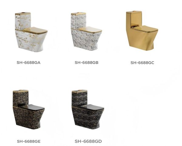 Wholesale Modern Washdown Electroplated One-Piece Toilet SH-6688GD – Luxury Black Marble One-Piece Toilet