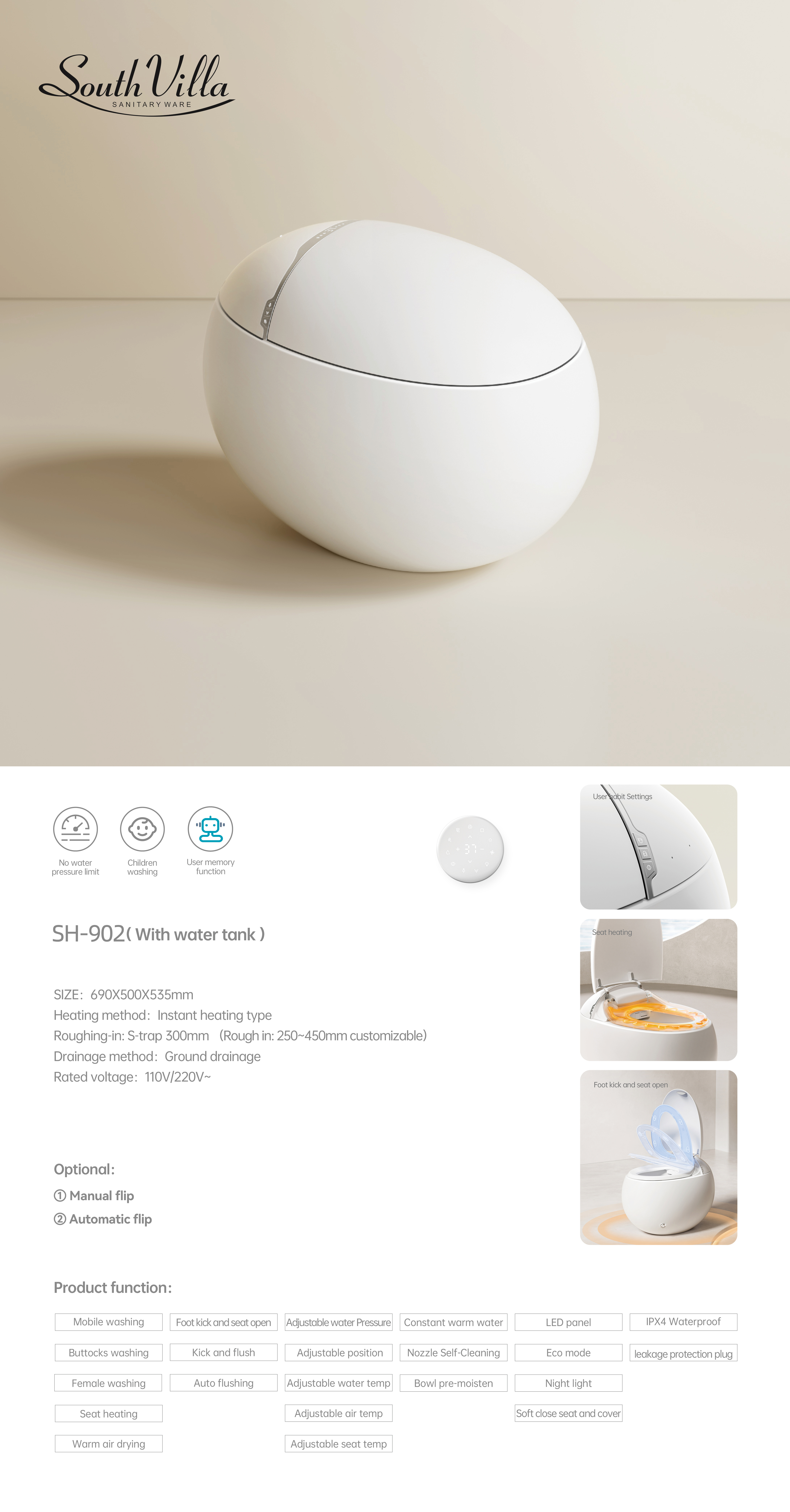 Novel Smart Toilet SH-902 Wholesale Supply – Egg Shaped Design – Washdown Smart Toilet Factory - الصورة 2