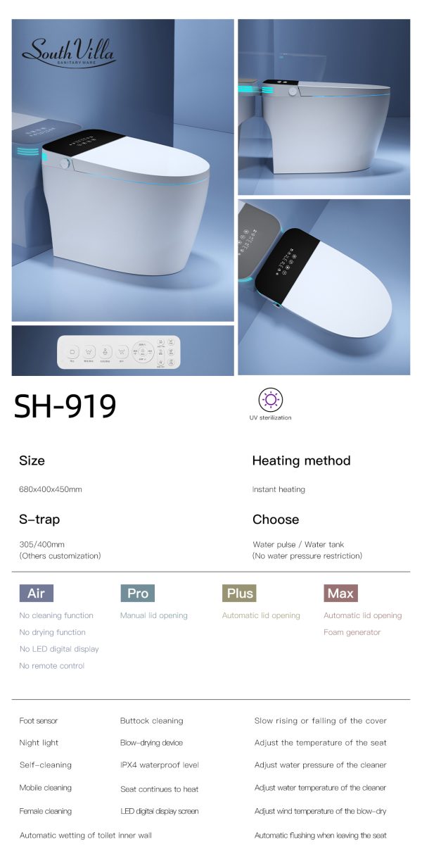 Manufacturer Directly Supplies Smart Toilet SH-919 with Instant Heating & UV Sterilization