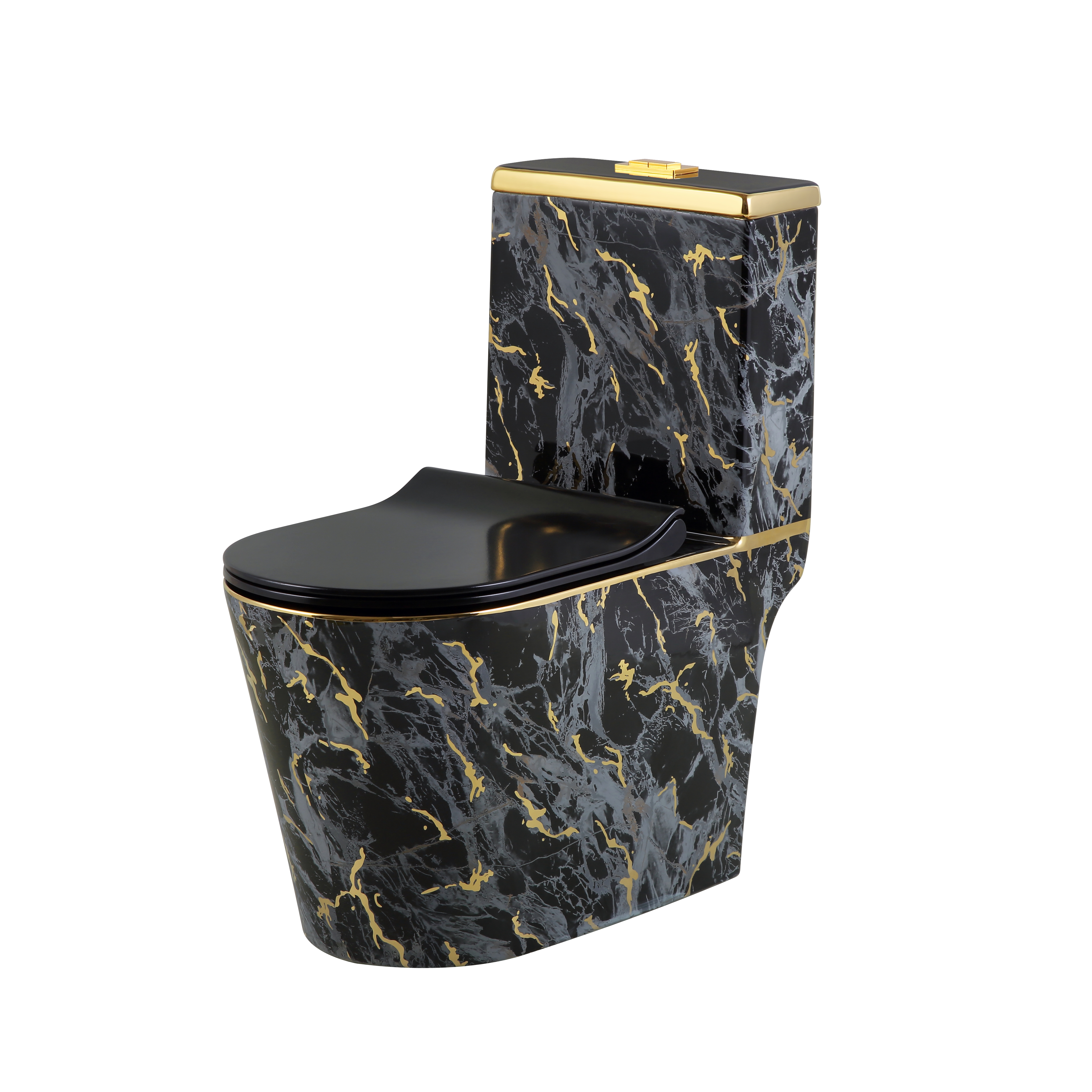 Wholesale Black and Gold Marble Texture One-Piece Toilets – Singapore STL Water Efficiency Certified-Electroplated Toilets - 画像 (3)