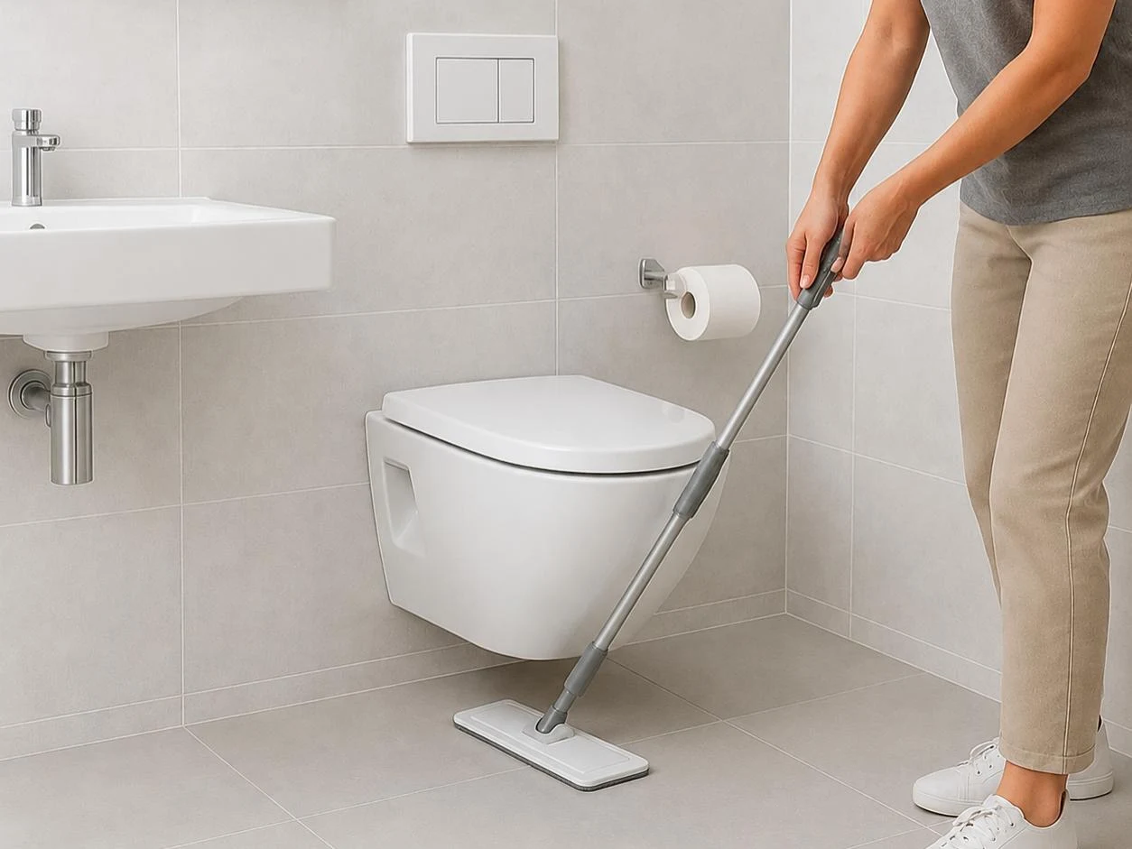 cleaning the underside of a wall-hung toilet