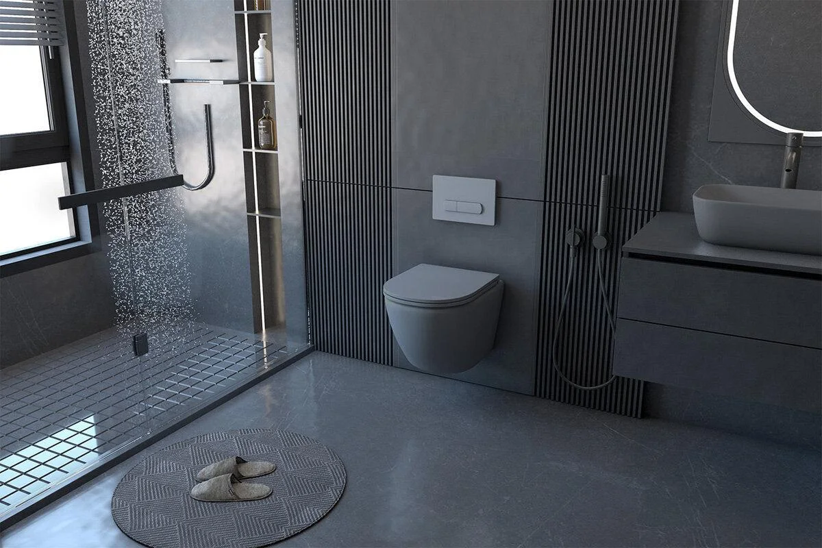 modern bathroom with wall-hung toilet