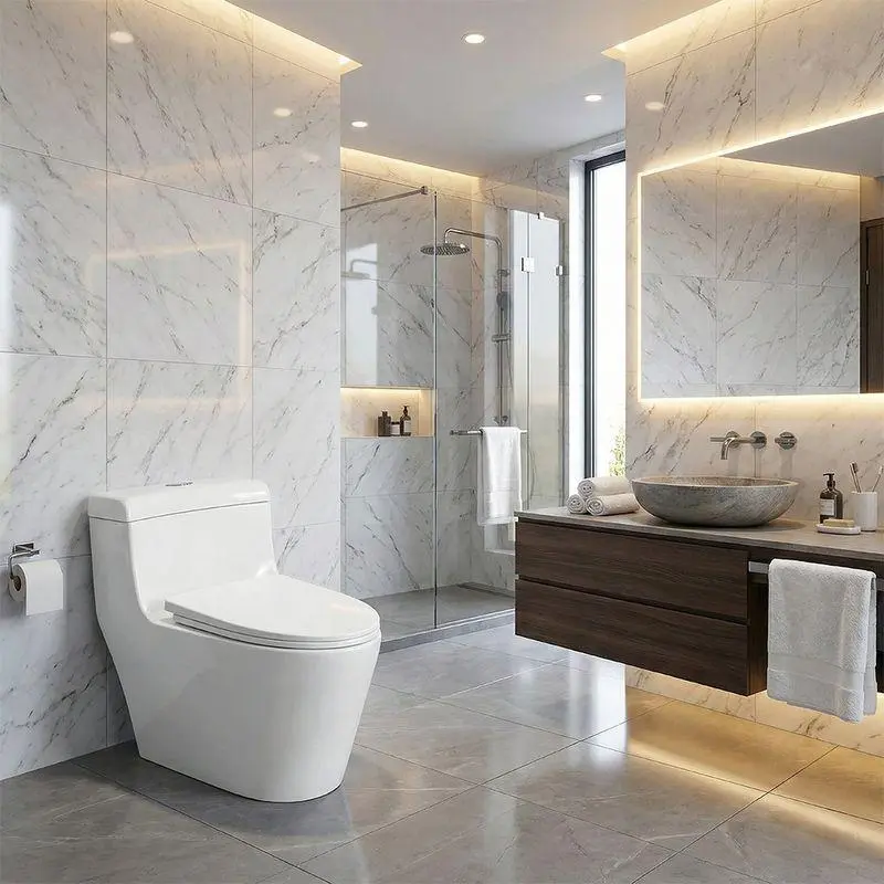 one-piece toilet in a modern bathroom