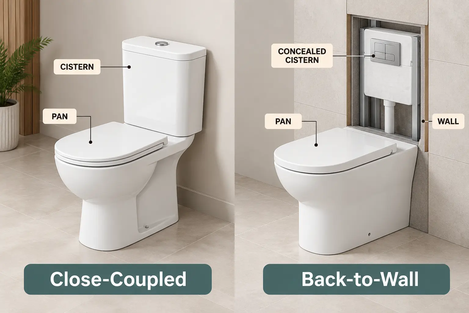 back-to-wall and close-coupled toilet key differences