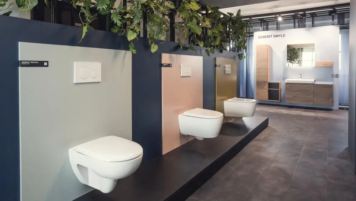 Modern ceramic toilet designs in a German bathroom showroom